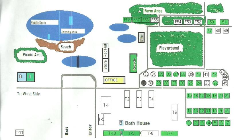 Hand-drawn map of the Ponderosa East Side: paddle boats, swimming area, beach, picnic area, farm area, playground, store, rec hall, office, bath house and numbered campsites.